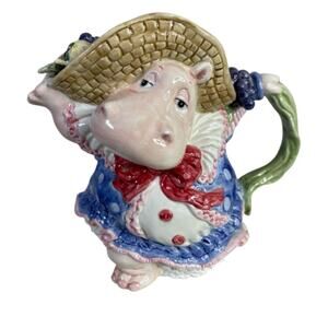 Fitz and Floyd Hippo Teapot Lady Hippo in Dress & Straw Hat Hand-Painted Ceramic